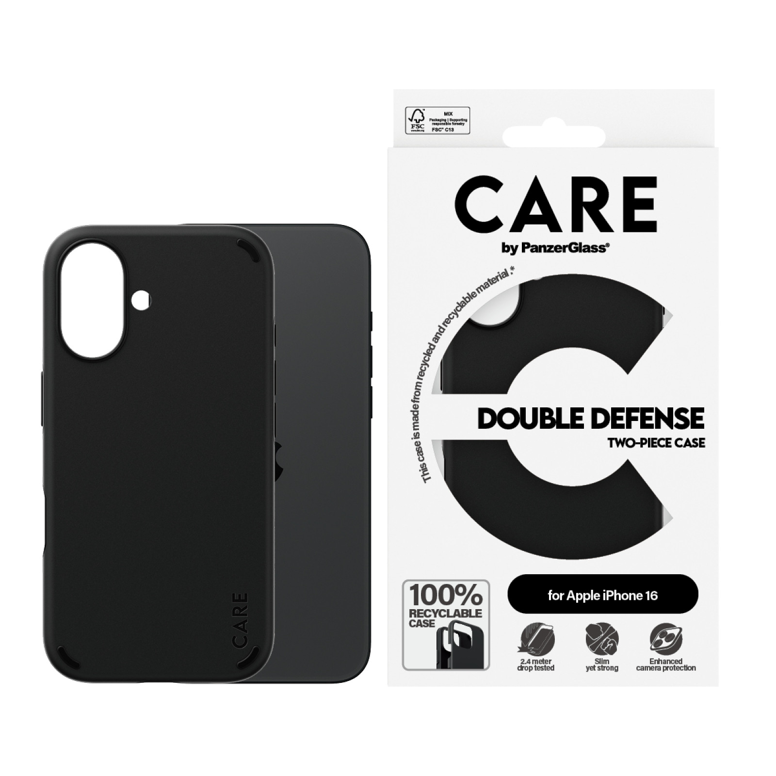 Гръб CARE by PanzerGlass за iPhone 16, Feature Case Double Defence - Черен