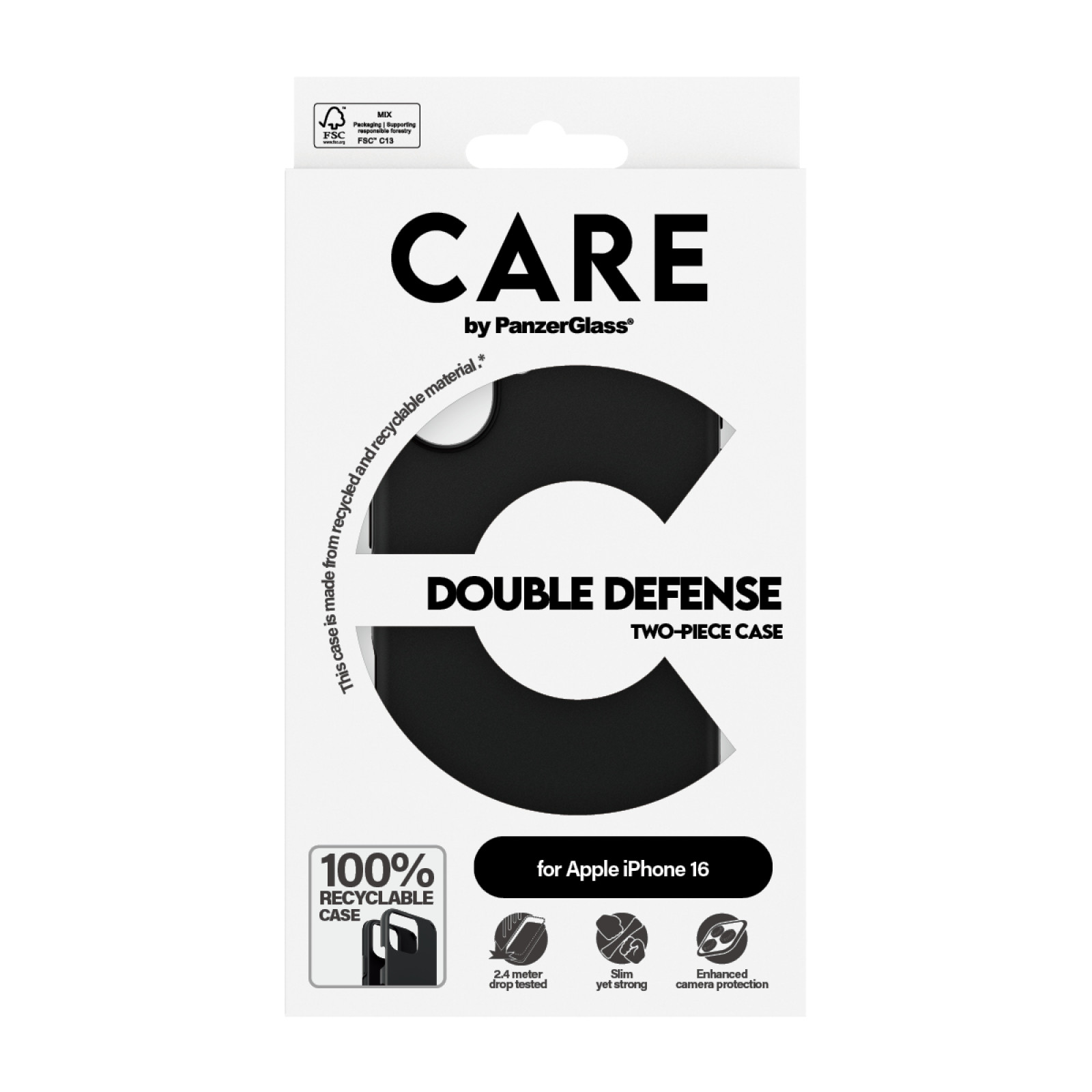 Гръб CARE by PanzerGlass за iPhone 16, Feature Case Double Defence - Черен