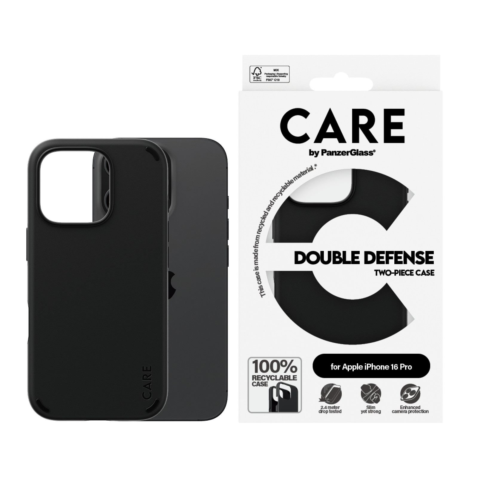 Гръб CARE by PanzerGlass за iPhone 16 Pro, Feature Case Double Defence - Черен