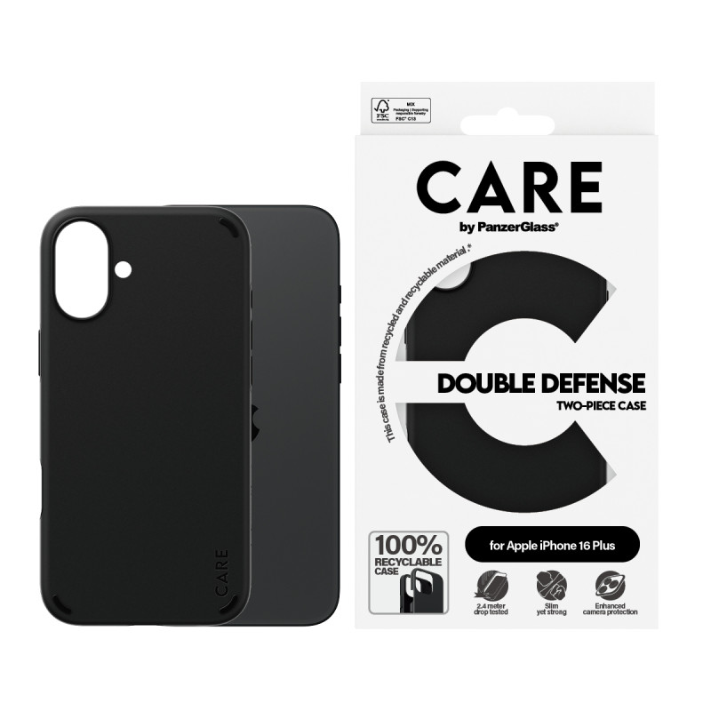 Гръб CARE by PanzerGlass за iPhone 16 Plus, Feature Case Double Defence - Черен