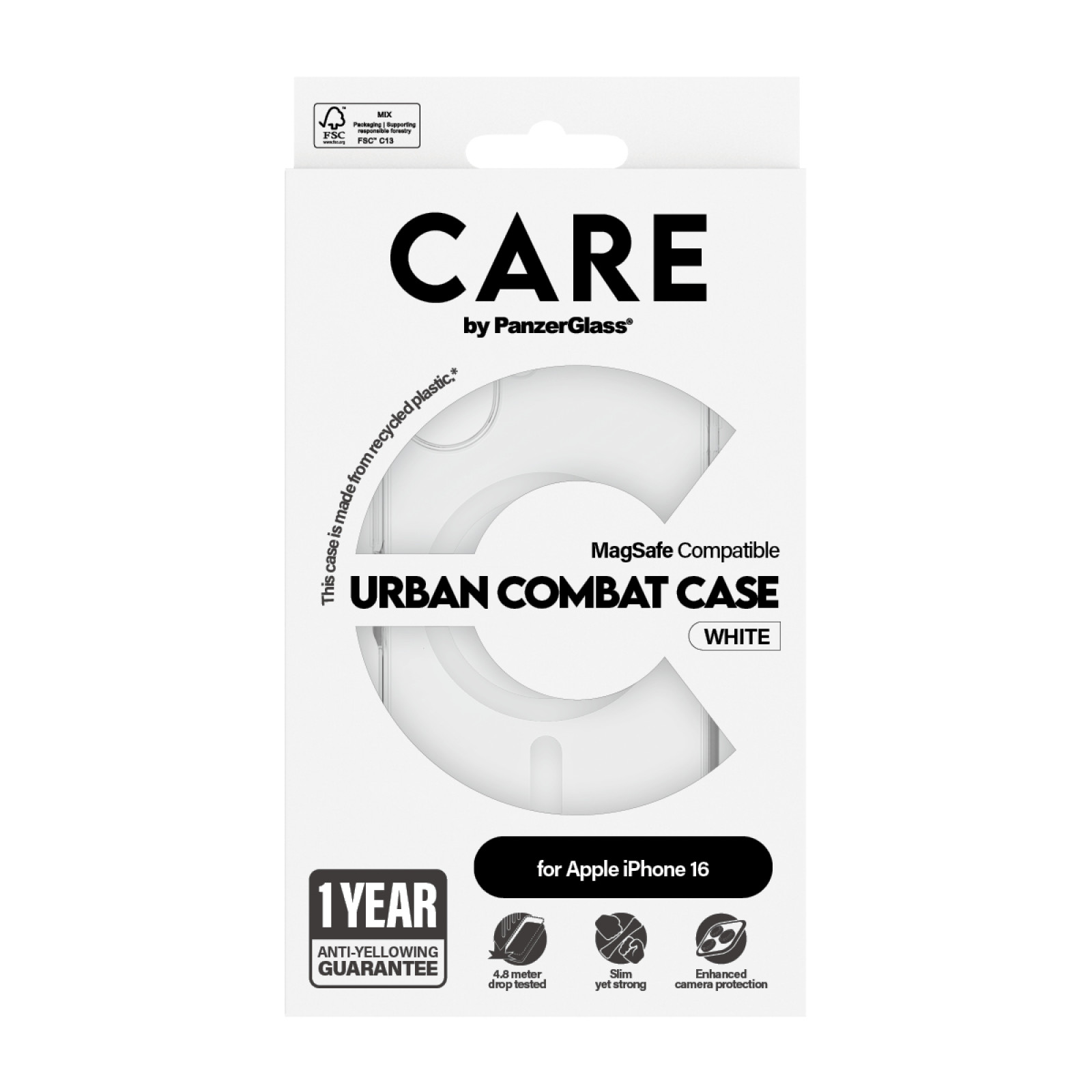 Гръб CARE by PanzerGlass за iPhone 16, Flagship Case Urban Combat White MagSafe