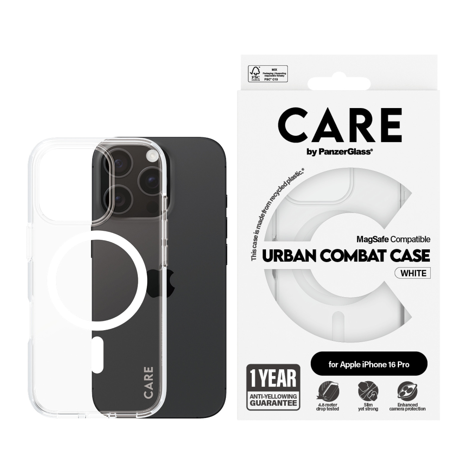 Гръб CARE by PanzerGlass за iPhone 16 Pro, Flagship Case Urban Combat White MagSafe