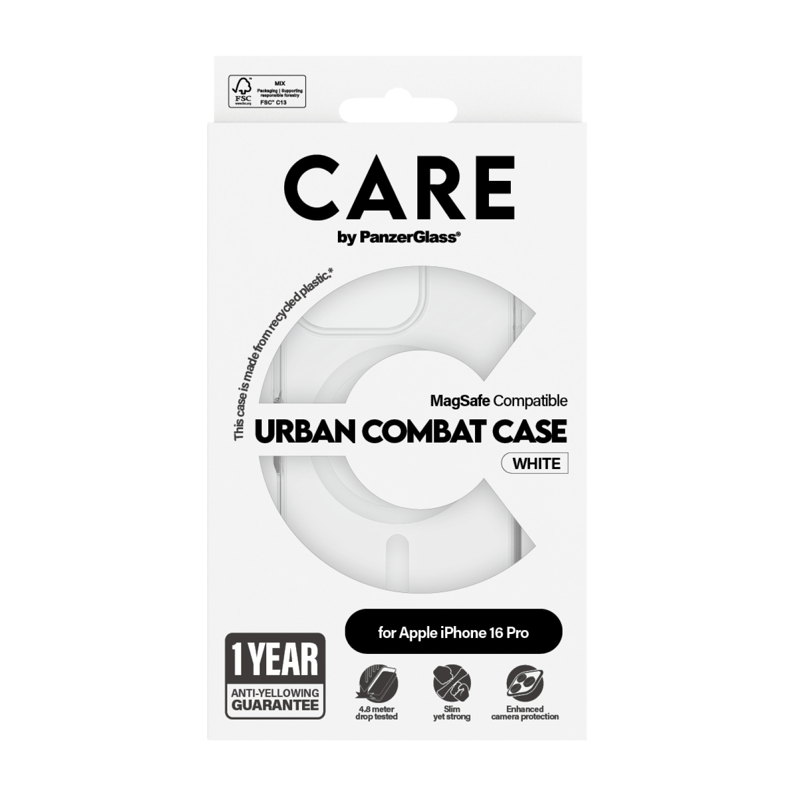 Гръб CARE by PanzerGlass за iPhone 16 Pro, Flagship Case Urban Combat White MagSafe