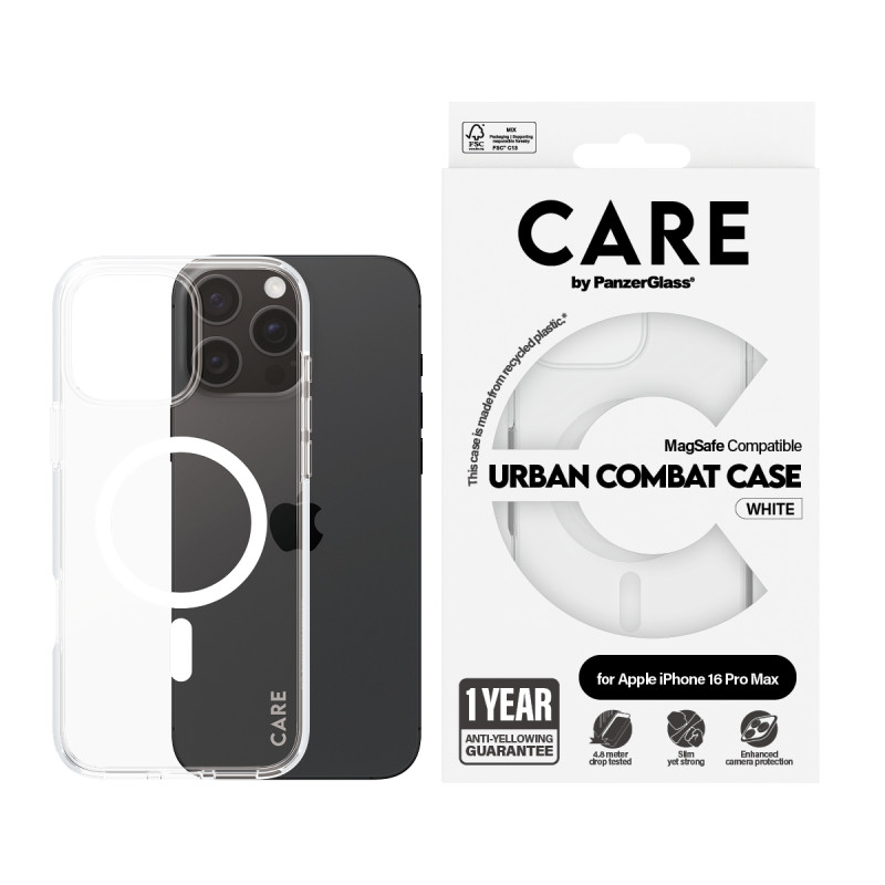 Гръб CARE by PanzerGlass за iPhone 16 Pro Max, Flagship Case Urban Combat White MagSafe