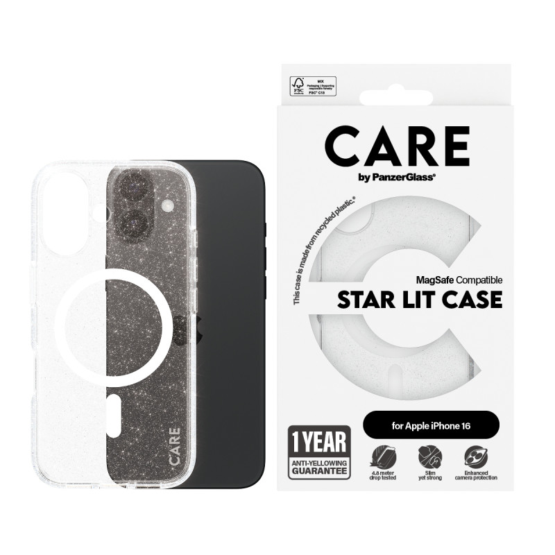 Гръб CARE by PanzerGlass за iPhone 16, Flagship Case Star Lit w. White MagSafe