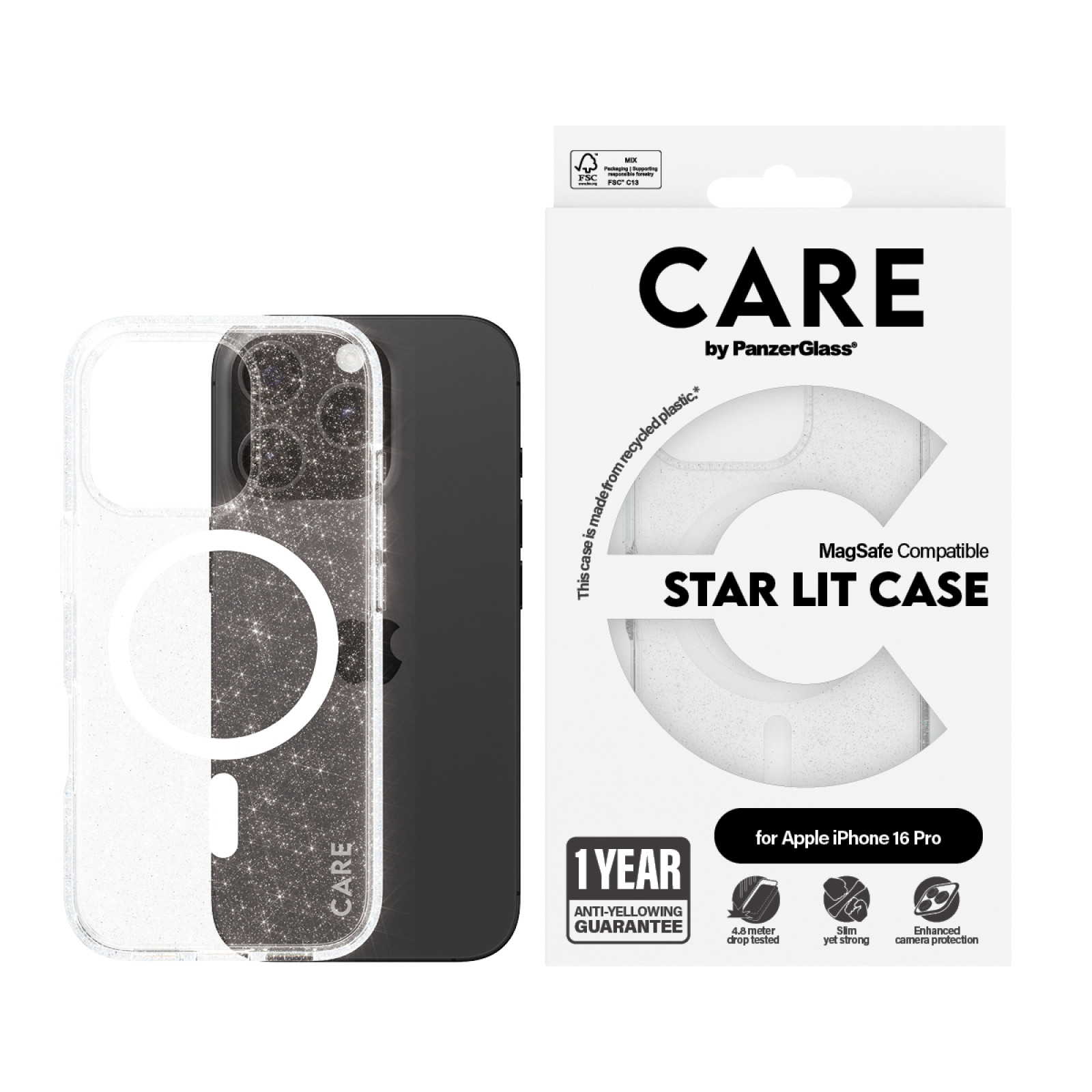 Гръб CARE by PanzerGlass за iPhone 16 Pro, Flagship Case Star Lit w. White MagSafe