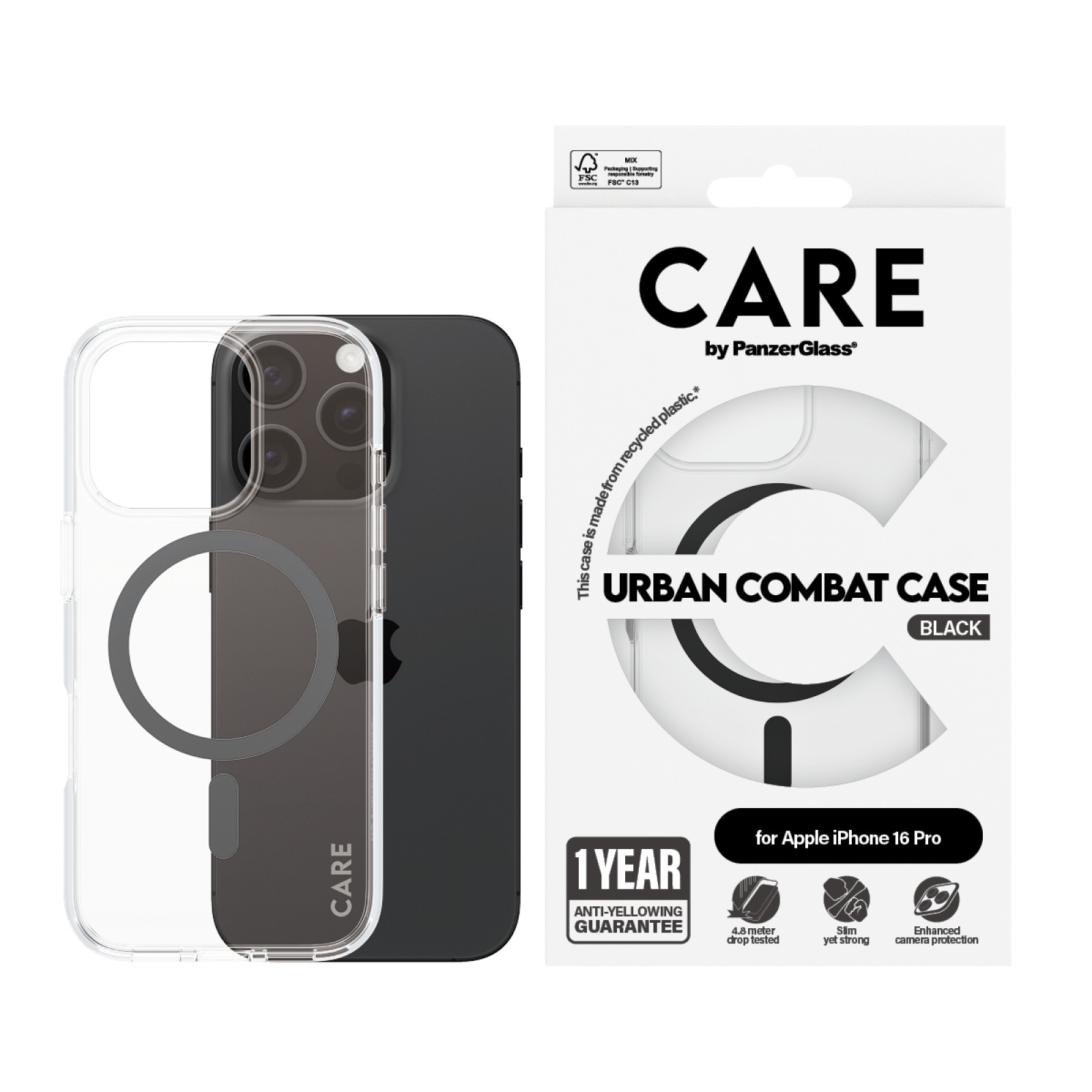 Гръб CARE by PanzerGlass за iPhone 16 Pro, Flagship Case Urban Combat w. Black MagSafe