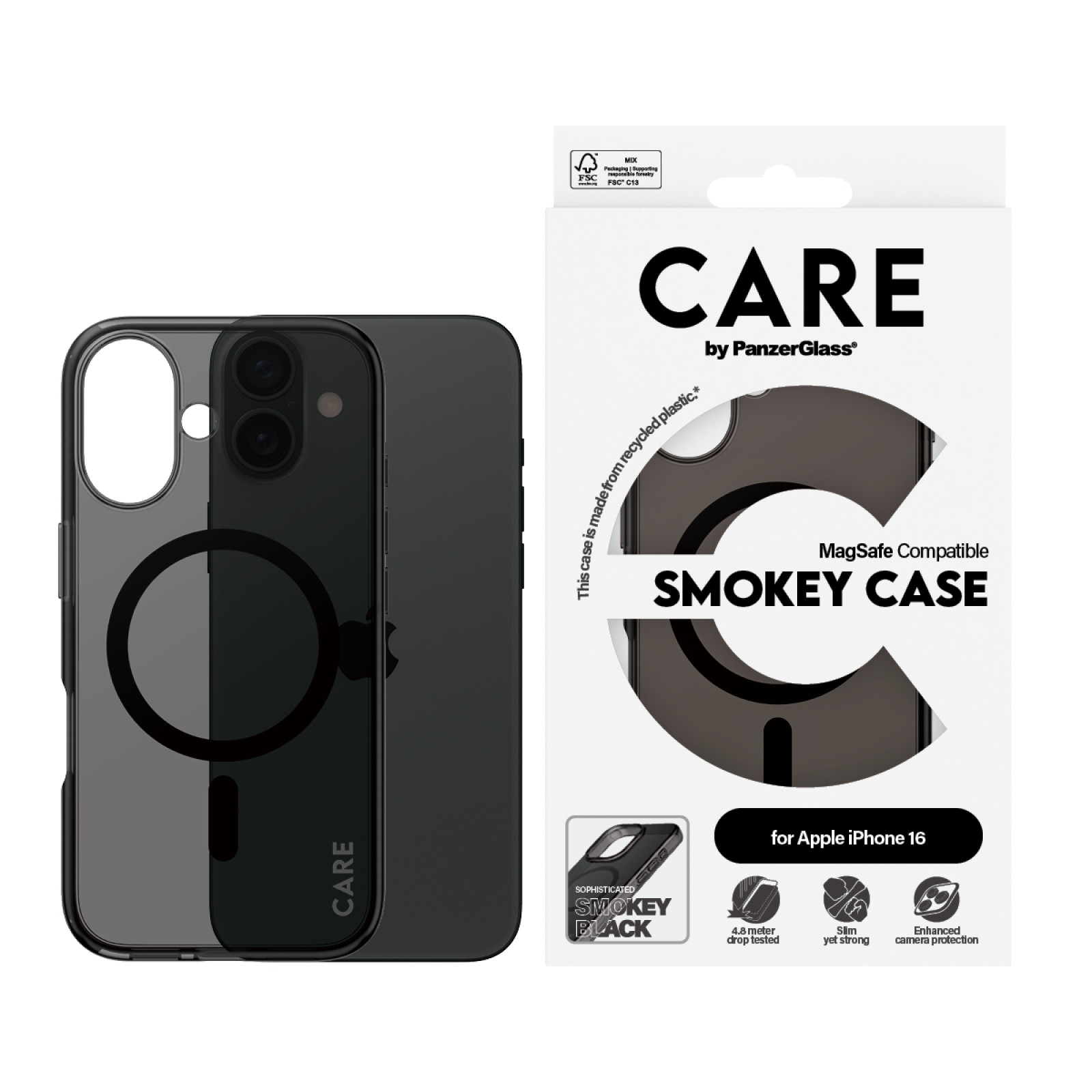 Гръб CARE by PanzerGlass за iPhone 16, Flagship, Smokey, Urban Combat, Black MagSafe