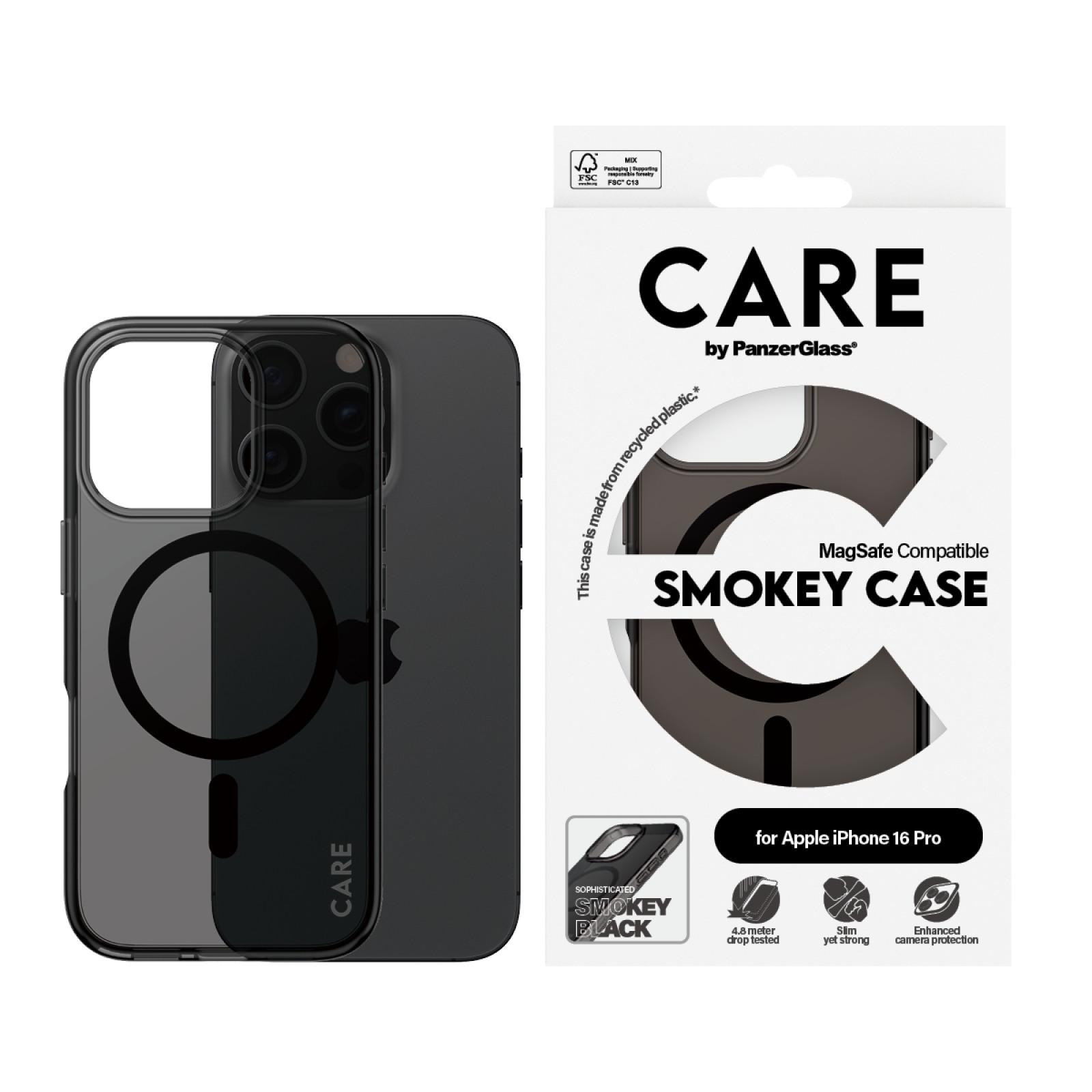 Гръб CARE by PanzerGlass за iPhone 16 Pro,  Flagship, Smokey, Urban Combat, Black MagSafe