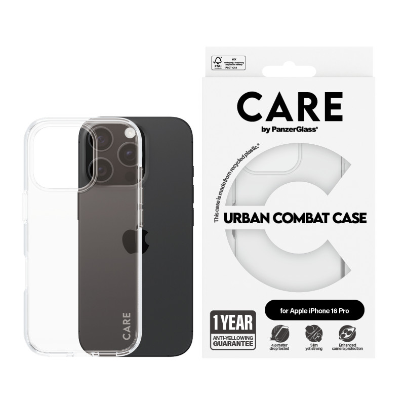 Гръб CARE by PanzerGlass за iPhone 16 Pro, Flagship Case Urban Combat Clear Frame