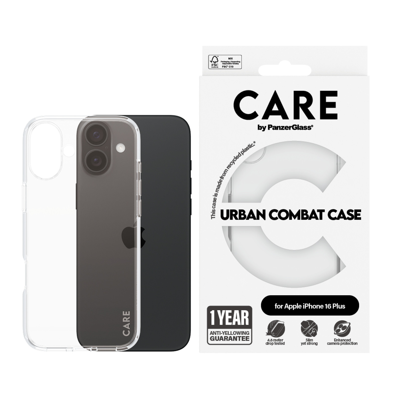 Гръб CARE by PanzerGlass за iPhone 16 Plus, Flagship Case Urban Combat Clear Frame