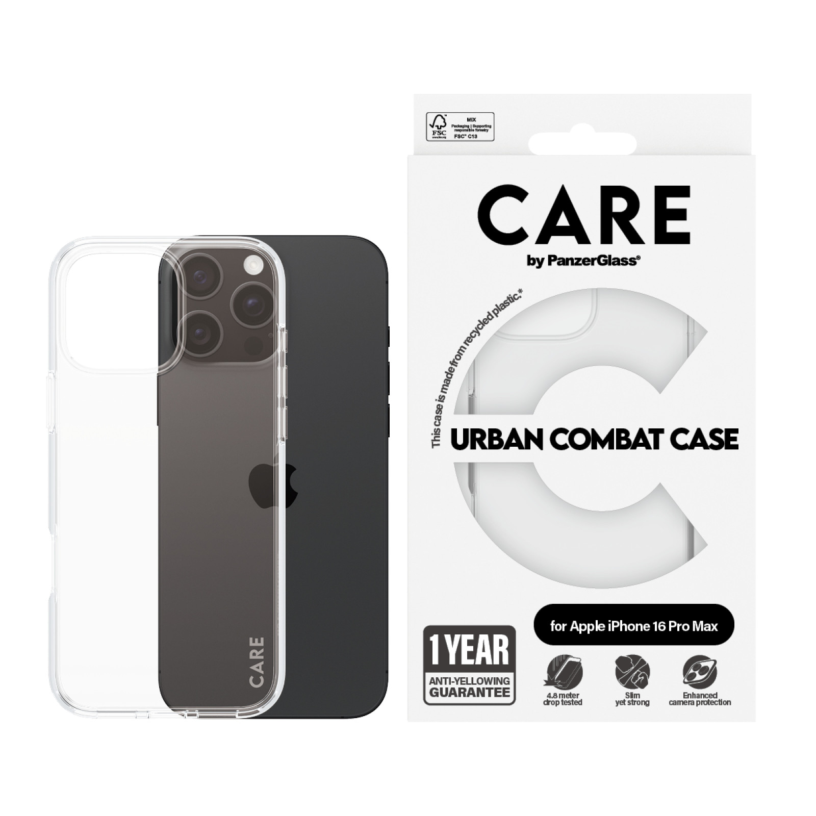 Гръб CARE by PanzerGlass за iPhone 16 Pro Max, Flagship Case Urban Combat Clear Frame