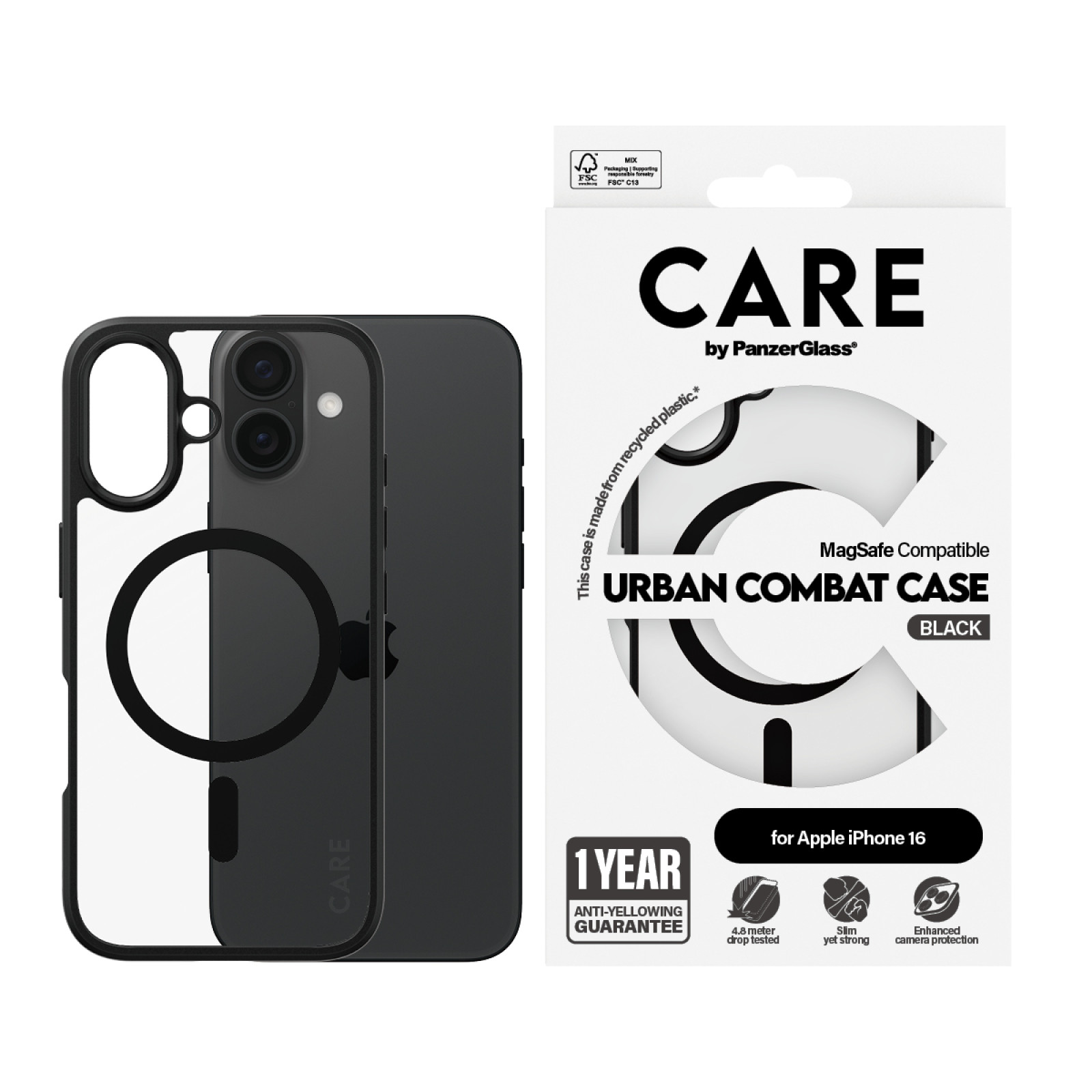 Гръб CARE by PanzerGlass за iPhone 16, Flagship Case Urban Combat Black Frame and MagSafe