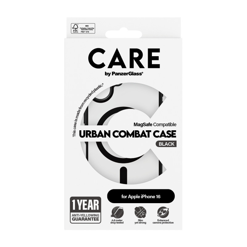 Гръб CARE by PanzerGlass за iPhone 16, Flagship Case Urban Combat Black Frame and MagSafe