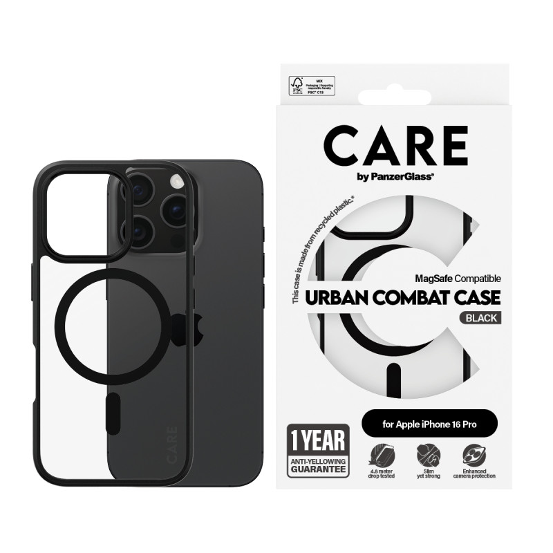 Гръб CARE by PanzerGlass за iPhone 16 Pro, Flagship Case Urban Combat Black Frame and MagSafe