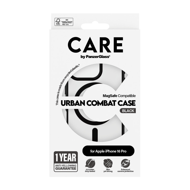 Гръб CARE by PanzerGlass за iPhone 16 Pro, Flagship Case Urban Combat Black Frame and MagSafe