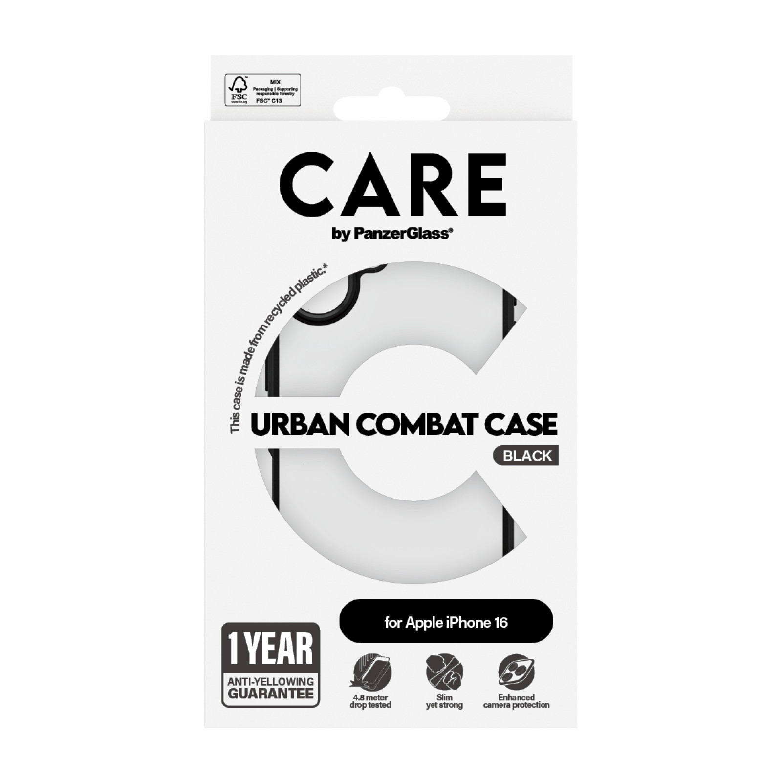 Гръб CARE by PanzerGlass за iPhone 16, Flagship Case Urban Combat Black Frame