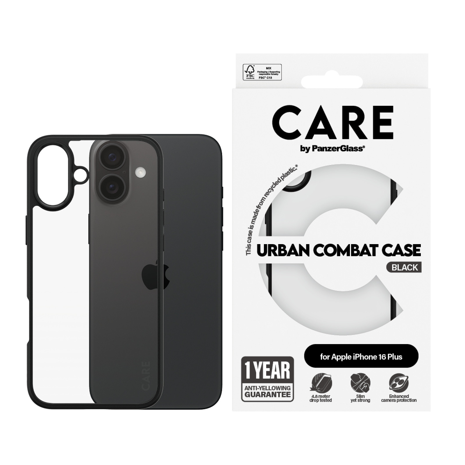 Гръб CARE by PanzerGlass за iPhone 16 Plus, Flagship Case Urban Combat Black Frame