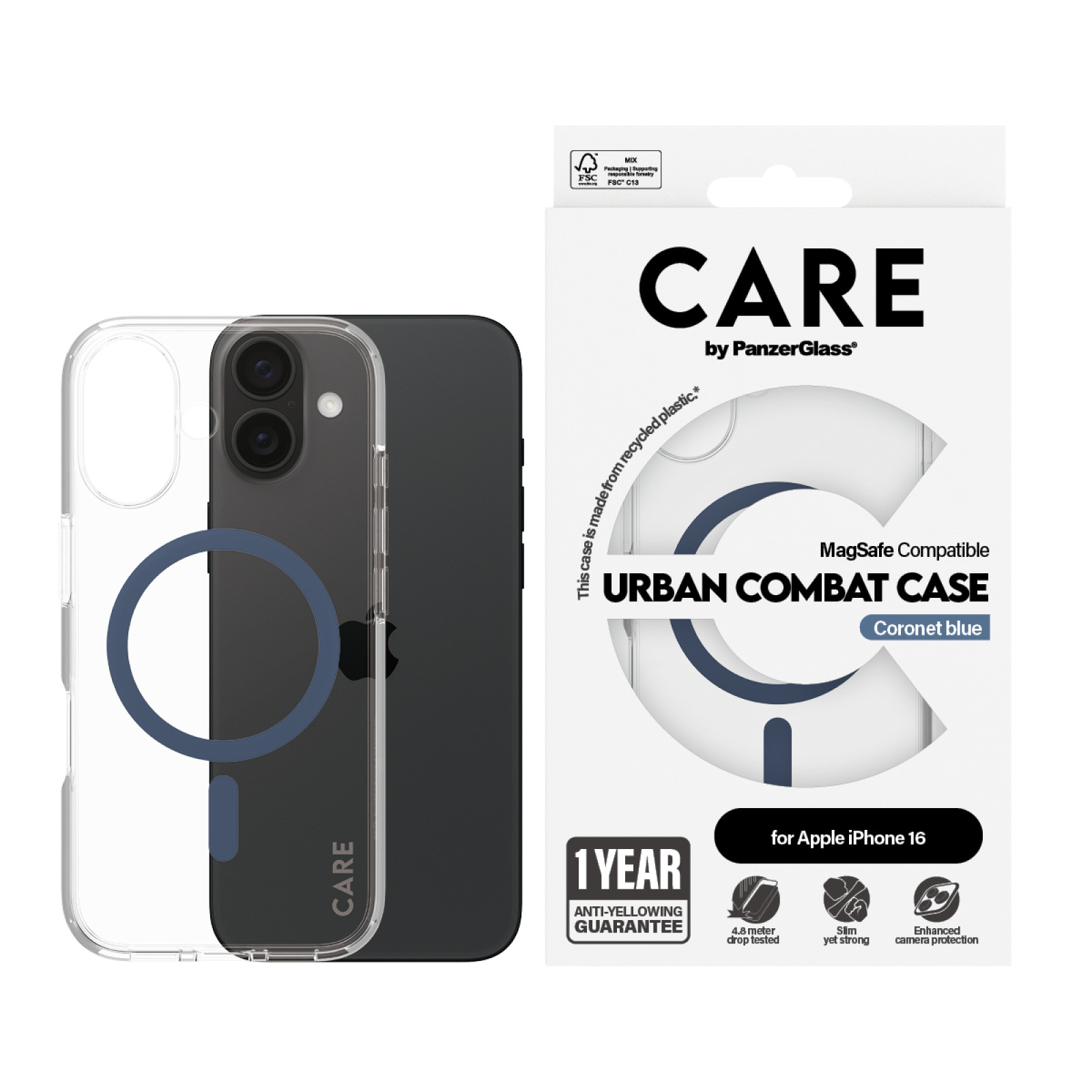 Гръб CARE by PanzerGlass за iPhone 16, Flagship Case Urban Combat w. Blue MagSafe