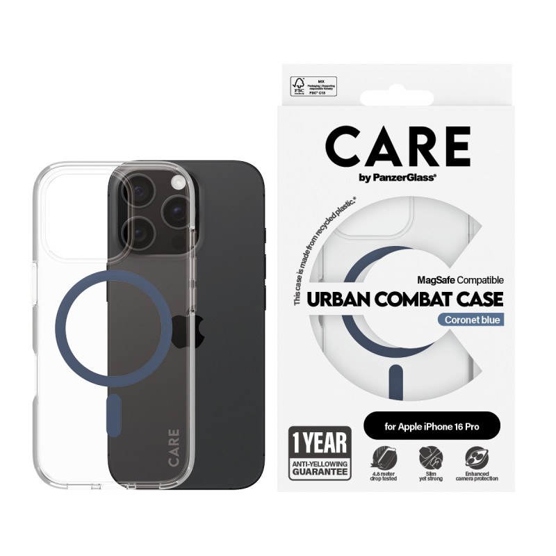 Гръб CARE by PanzerGlass за iPhone 16 Pro, Flagship Case Urban Combat w. Blue MagSafe