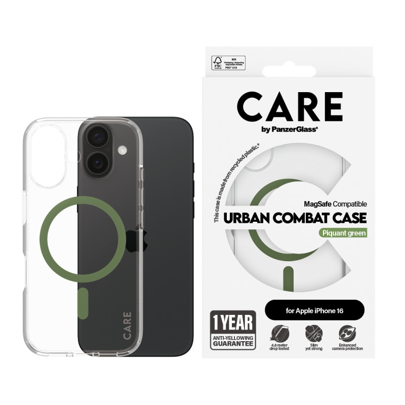 Гръб CARE by PanzerGlass за iPhone 16, Flagship Case Urban Combat w. Green MagSafe