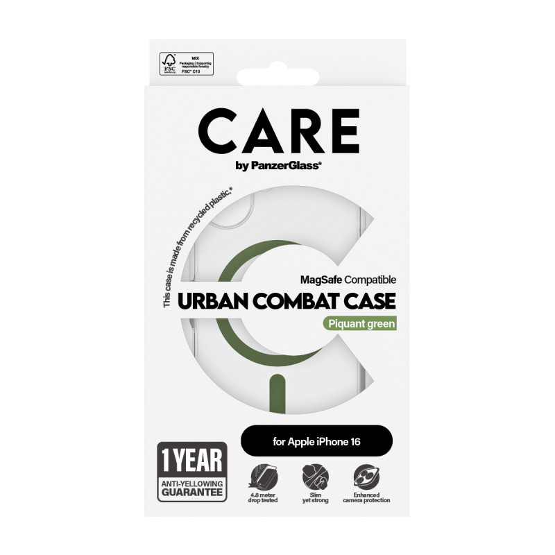 Гръб CARE by PanzerGlass за iPhone 16, Flagship Case Urban Combat w. Green MagSafe