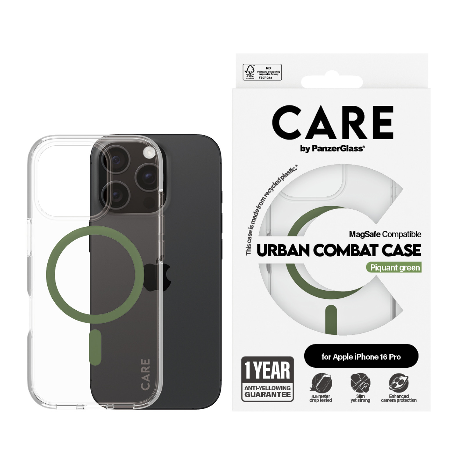 Гръб CARE by PanzerGlass за iPhone 16 Pro, Flagship Case Urban Combat w. Green MagSafe