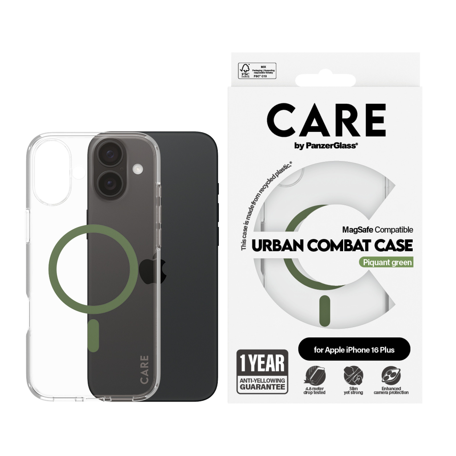 Гръб CARE by PanzerGlass за iPhone 16 Plus, Flagship Case Urban Combat w. Green MagSafe