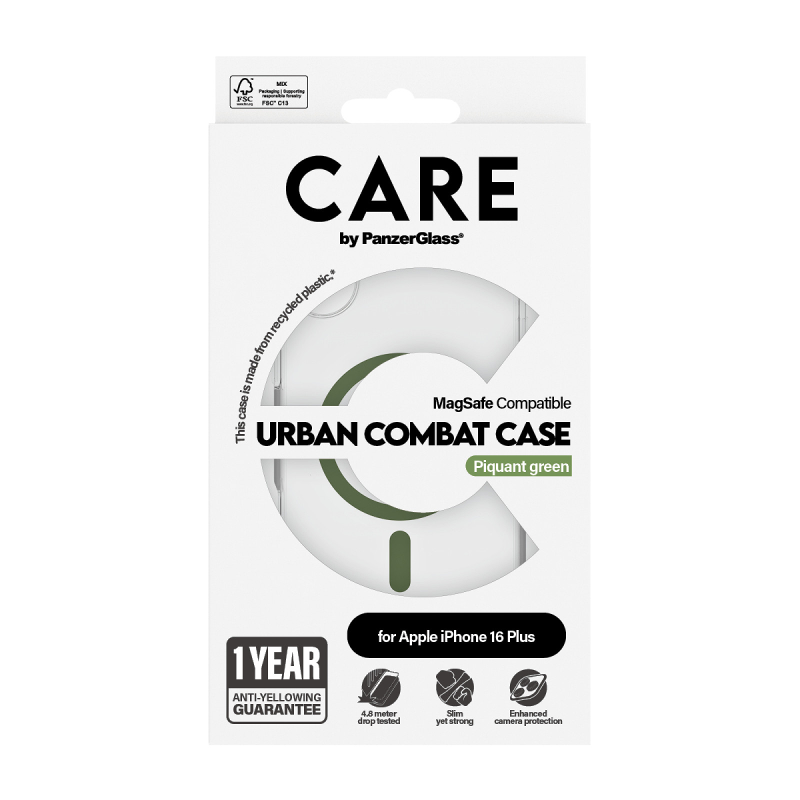 Гръб CARE by PanzerGlass за iPhone 16 Plus, Flagship Case Urban Combat w. Green MagSafe