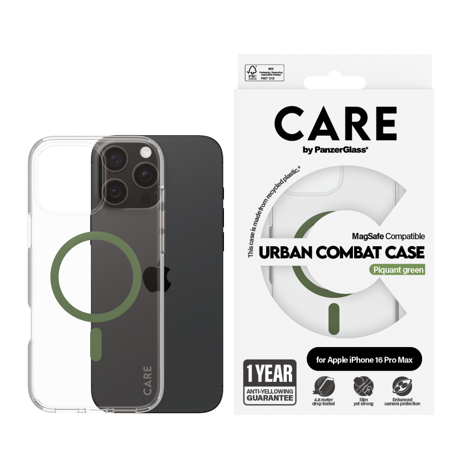 Гръб CARE by PanzerGlass за iPhone 16 Pro Max, Flagship Case Urban Combat w. Green MagSafe