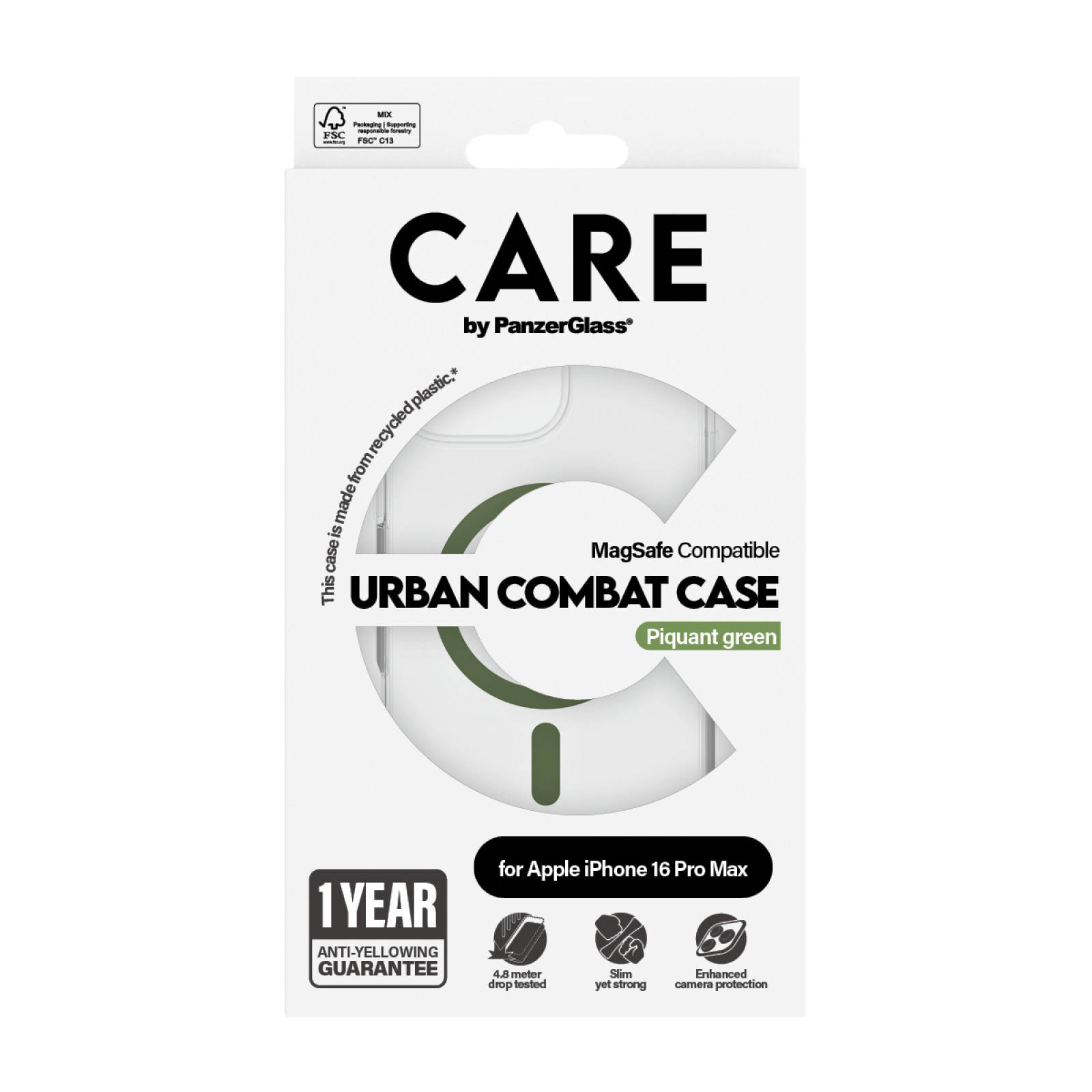 Гръб CARE by PanzerGlass за iPhone 16 Pro Max, Flagship Case Urban Combat w. Green MagSafe