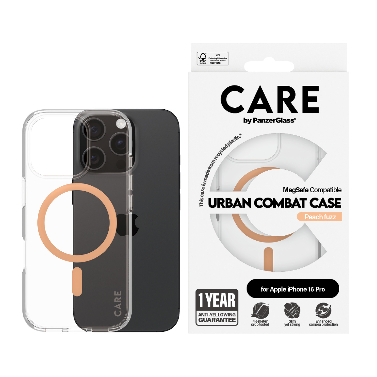 Гръб CARE by PanzerGlass за iPhone 16 Pro, Flagship Case Urban Combat w. Peachy MagSafe