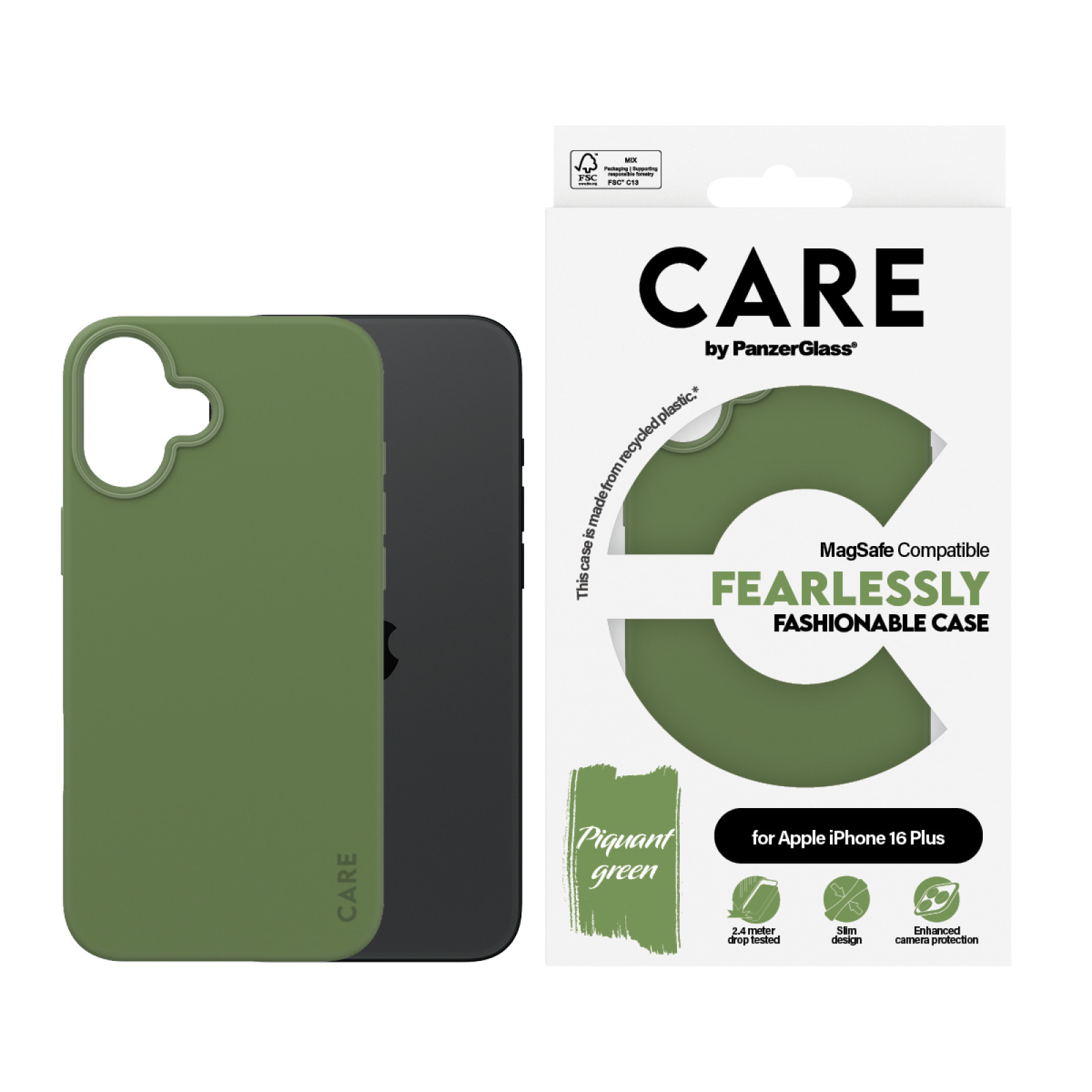 Гръб CARE by PanzerGlass Fashionable за iPhone 16 Plus, w. MagSafe - Зелен