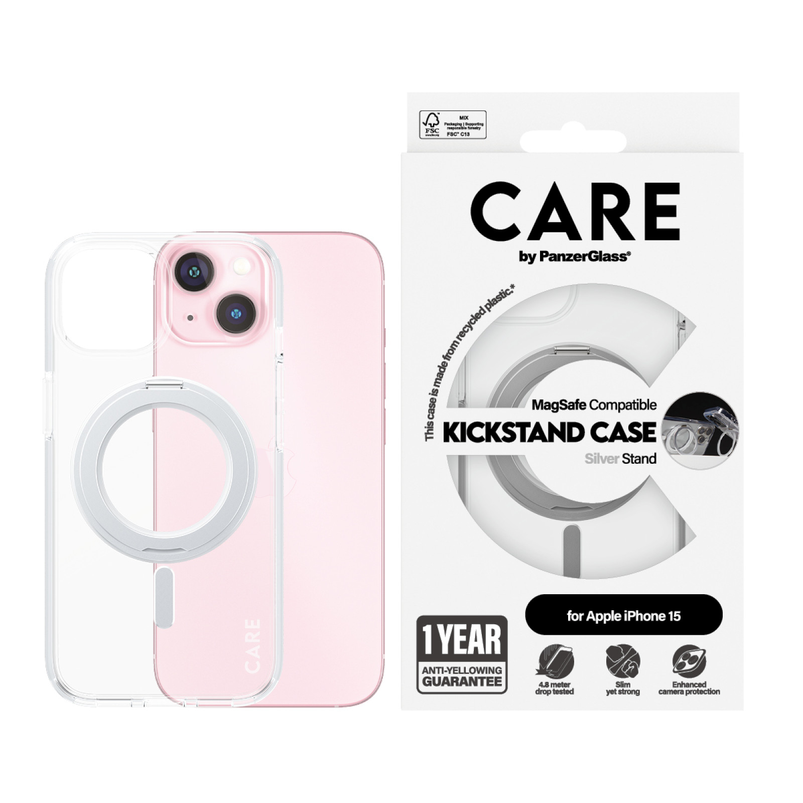 Гръб CARE by PanzerGlass  за iPhone 15 Feature Silver Kick+MagSafe - Прозрачен