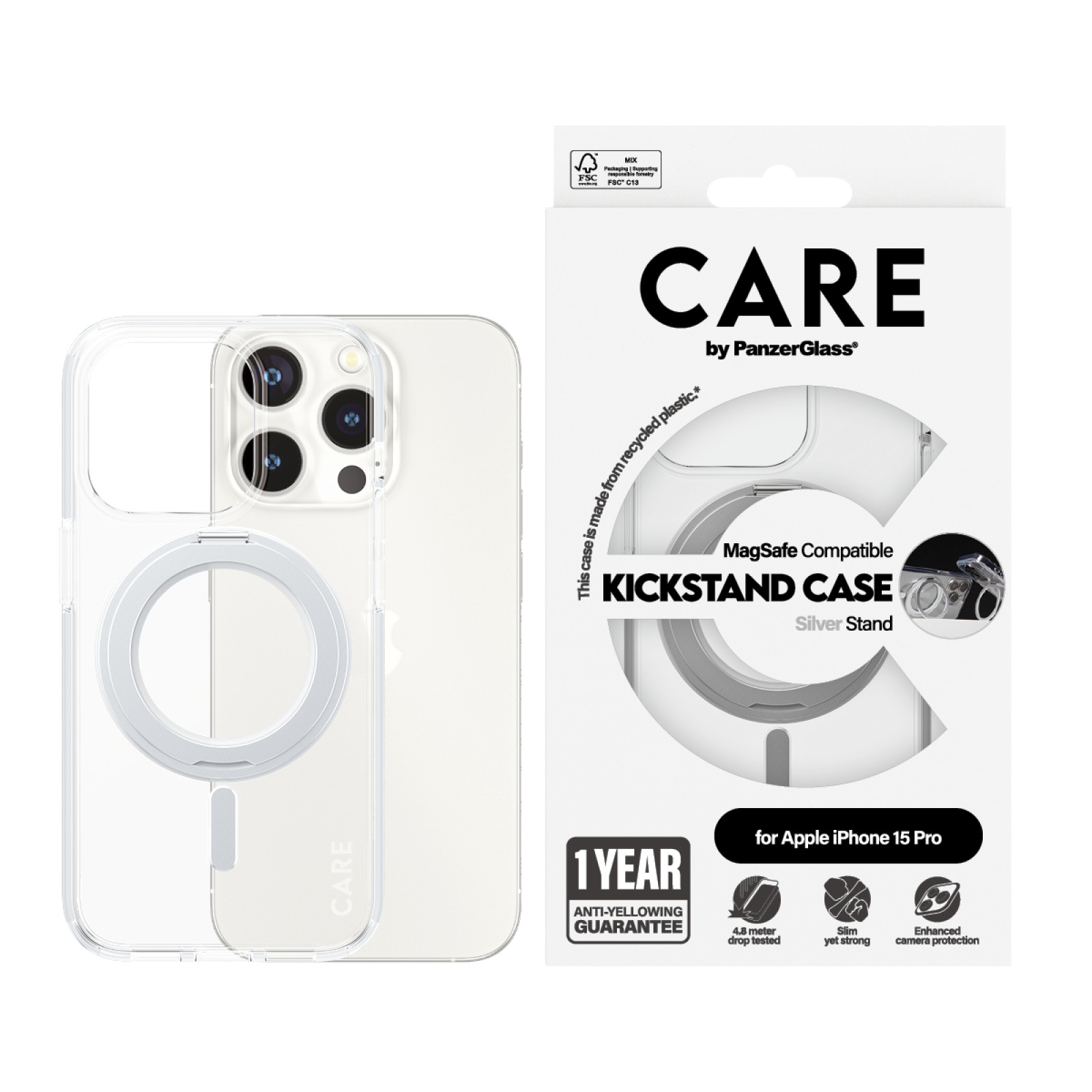 Гръб CARE by PanzerGlass за iPhone 15 Pro Feature Silver Kick+MagSafe - Прозрачен