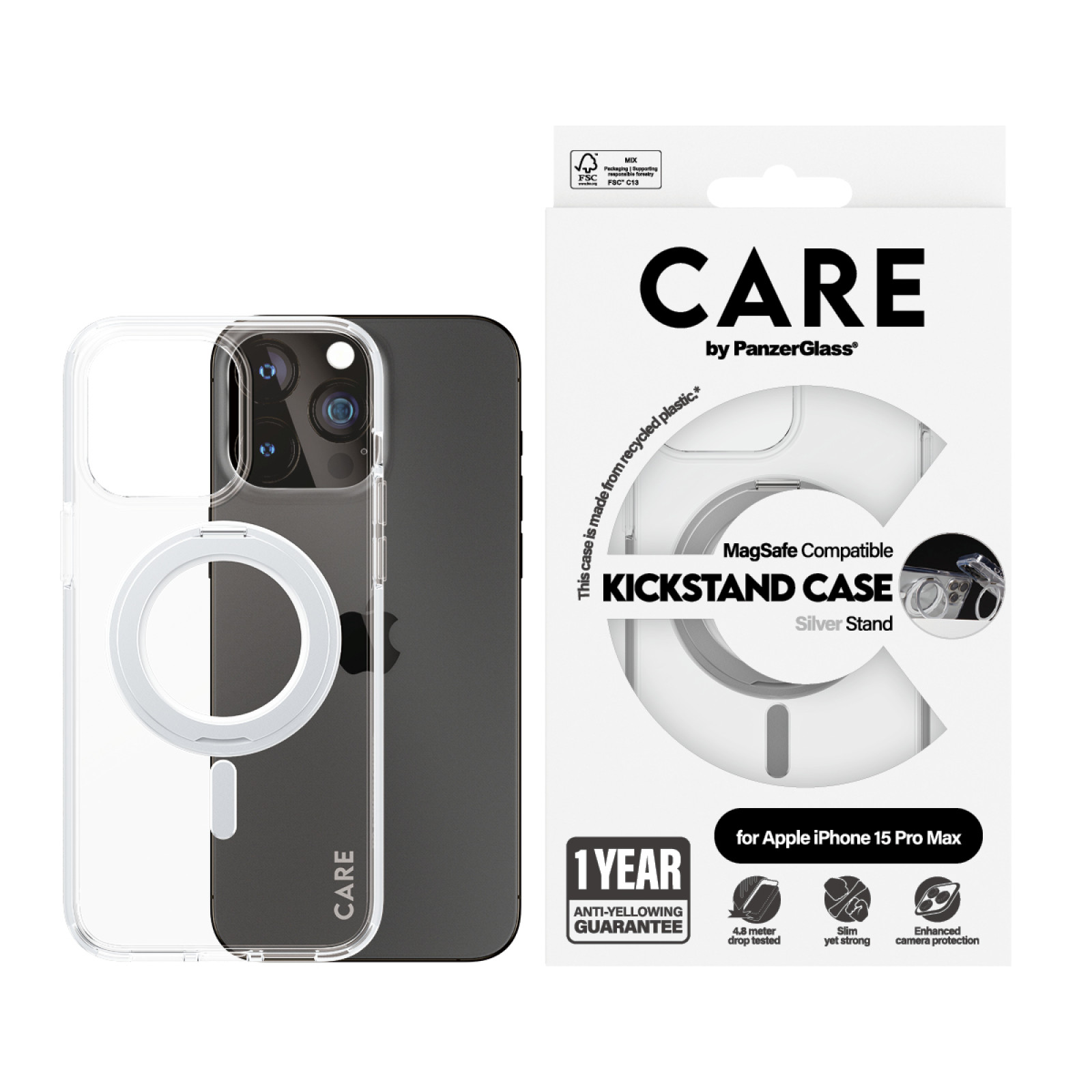 Гръб CARE by PanzerGlass за iPhone 15 Pro Max Feature Silver Kick+MagSafe - Прозрачен