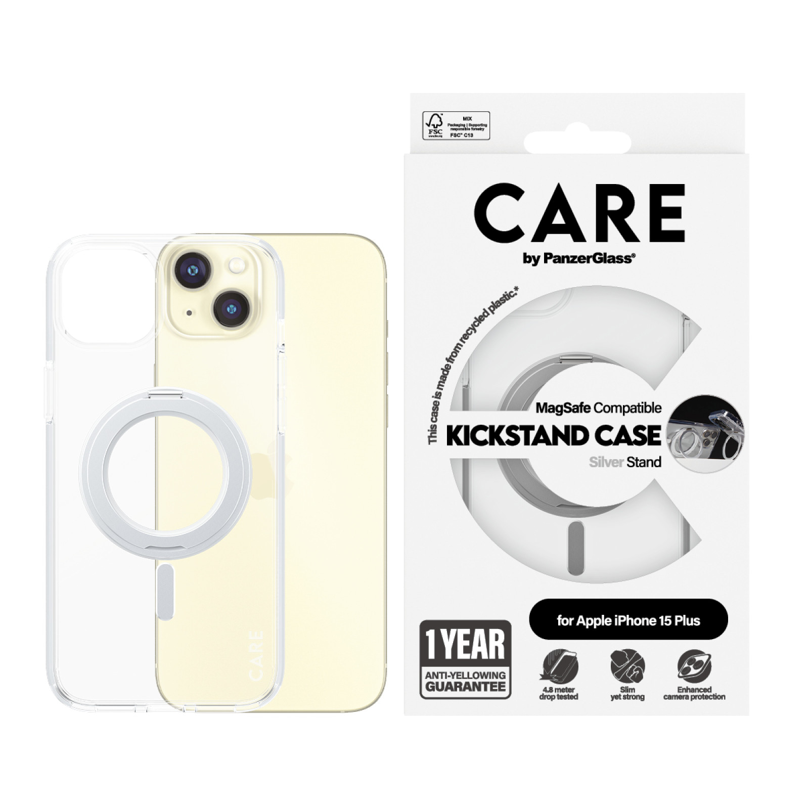 Гръб CARE by PanzerGlass за iPhone 15 Plus Feature Silver Kick+MagSafe - Прозрачен