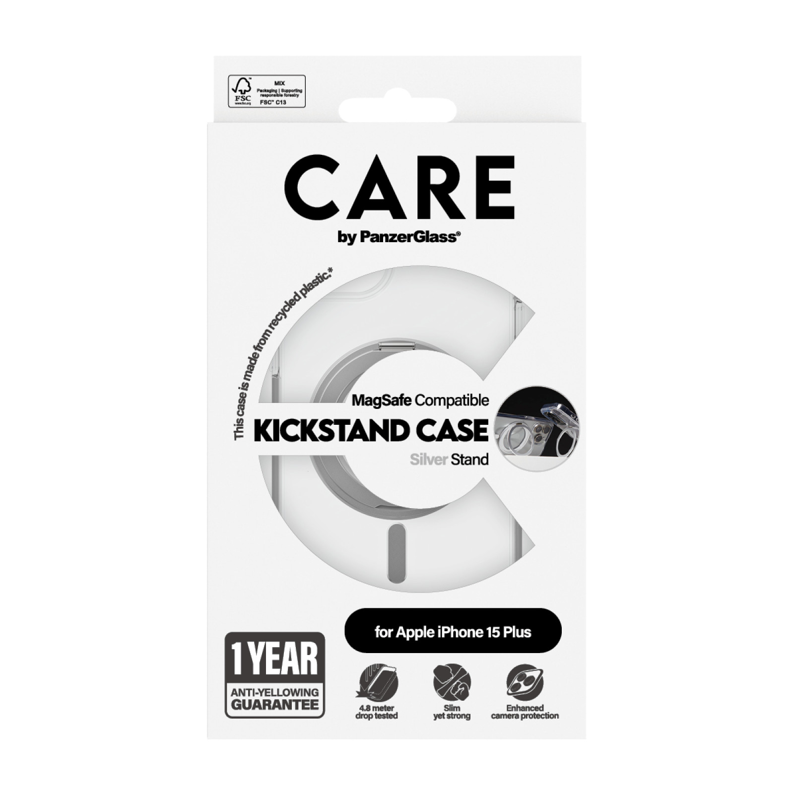 Гръб CARE by PanzerGlass за iPhone 15 Plus Feature Silver Kick+MagSafe - Прозрачен