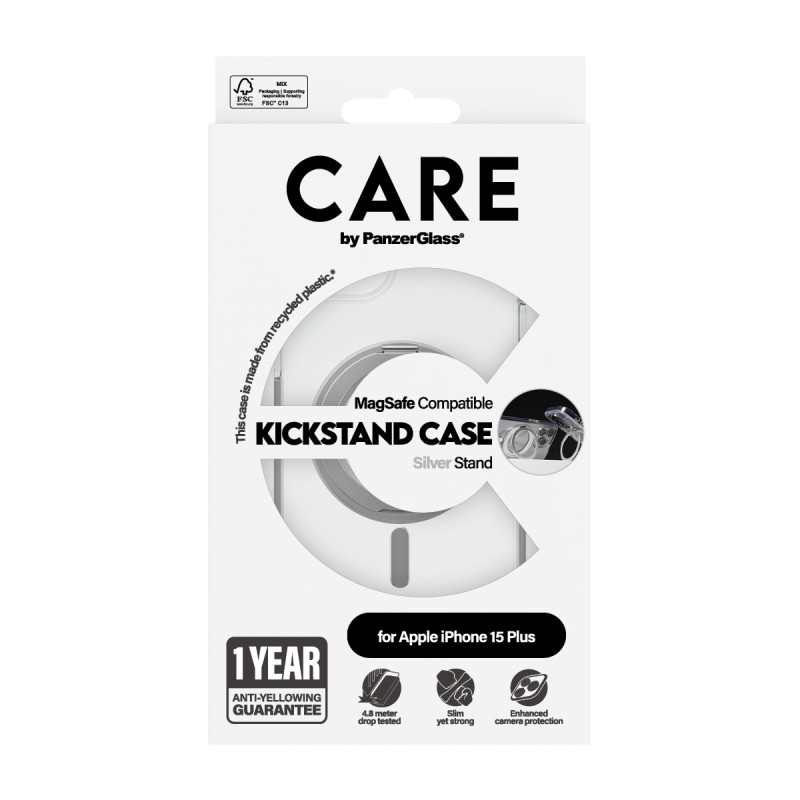 Гръб CARE by PanzerGlass за iPhone 15 Plus Feature Silver Kick+MagSafe - Прозрачен