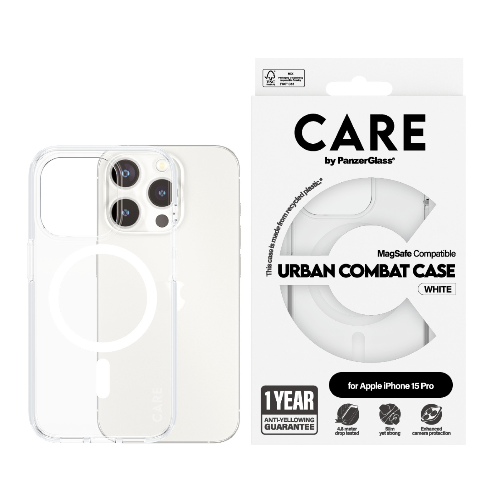 Гръб CARE by PanzerGlass за iPhone 15 Pro Flagship White MagSafe - Прозрачен