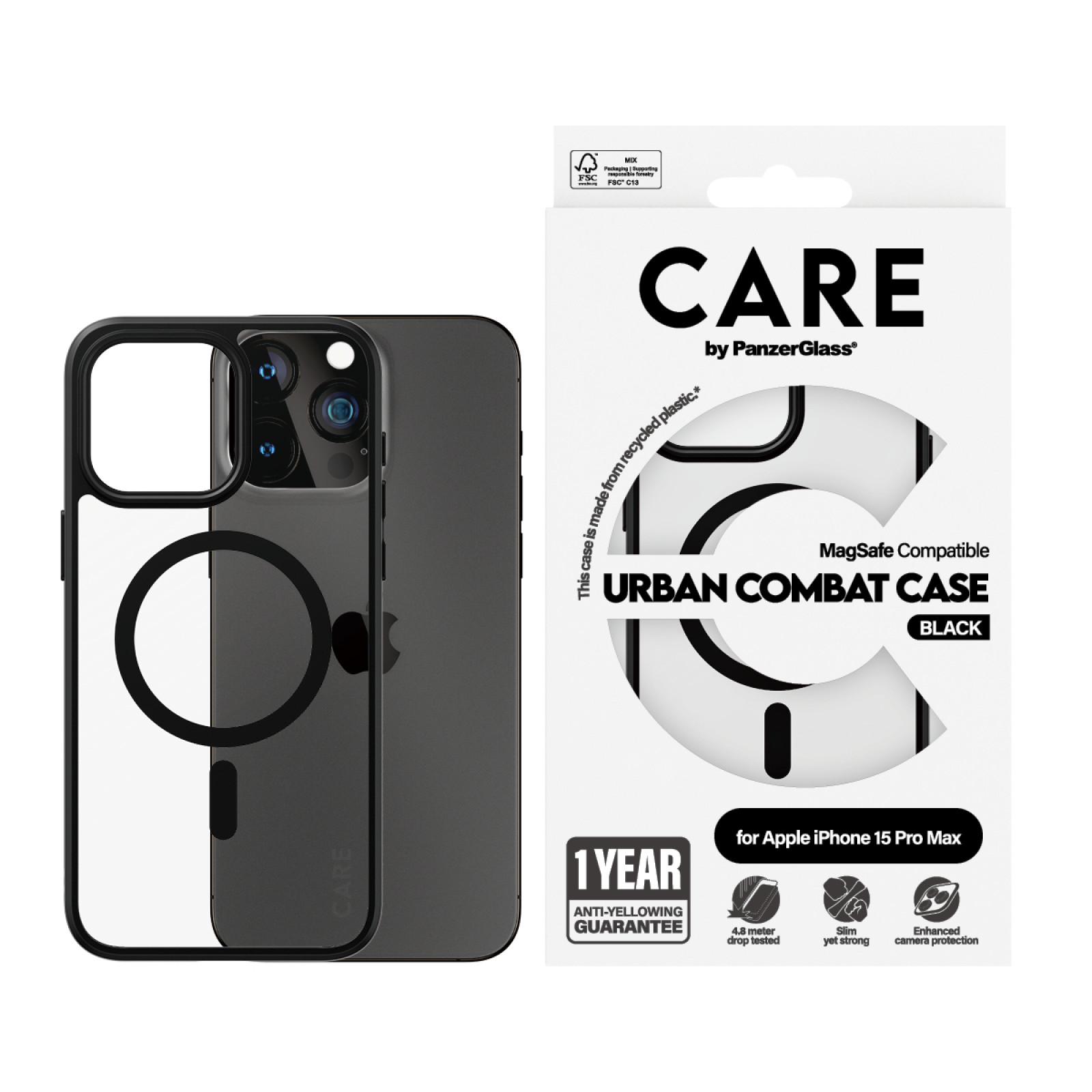 Гръб CARE by PanzerGlass за iPhone 15 Pro Max Flagship Black MagSafe - Черна рамка