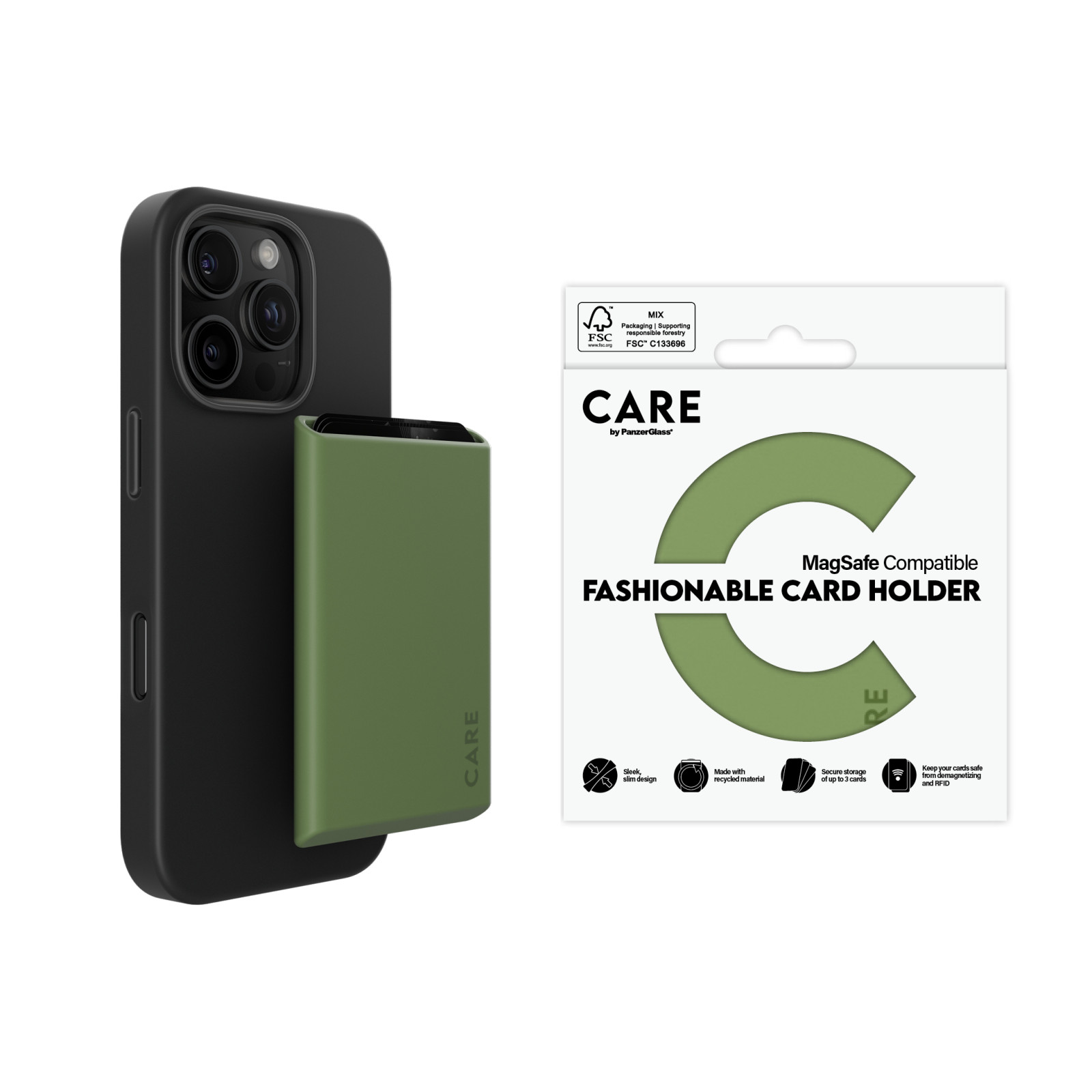 Картодържател CARE by PanzerGlass , Fashionable Card Holder Apple iPhone, MagSafe - Зелен