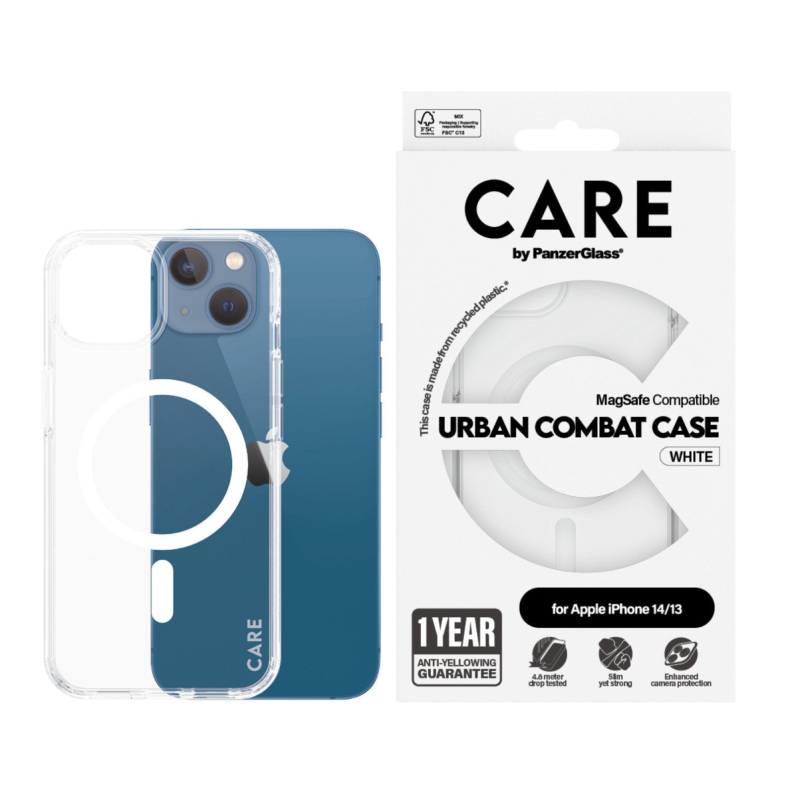 Гръб CARE by PanzerGlass за iPhone 14,13, Flagship, White MagSafe - Прозрачен