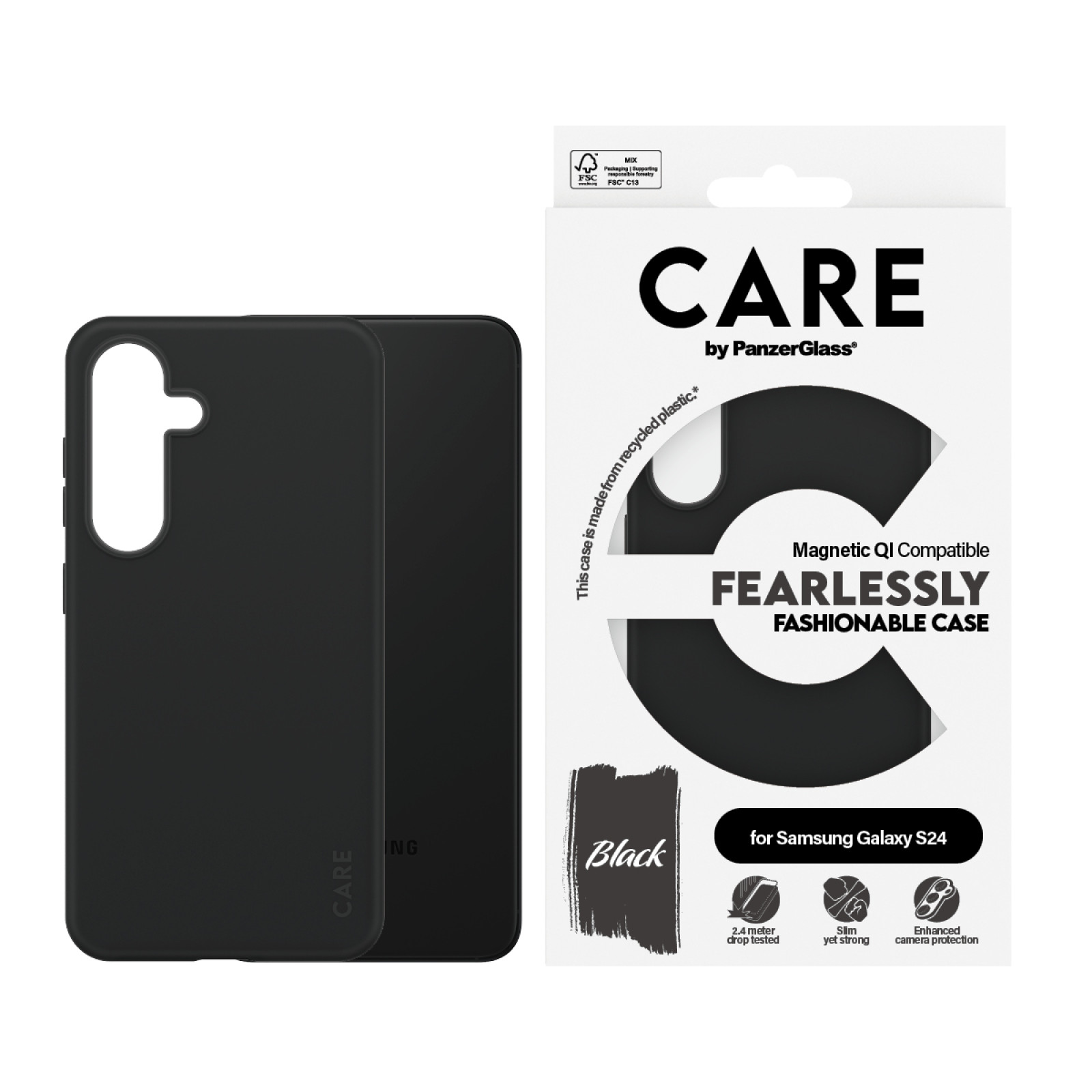 Гръб CARE by PanzerGlass за Samsung Galaxy S24, Fashion Black, QI,Черен