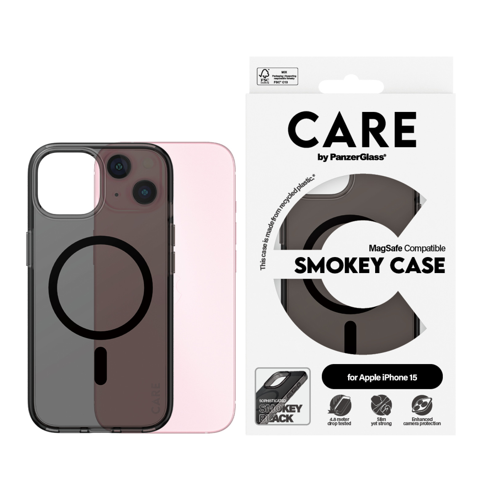 Гръб CARE by PanzerGlass за iPhone 15, Flagship, Smokey, Urban Combat, Black MagSafe