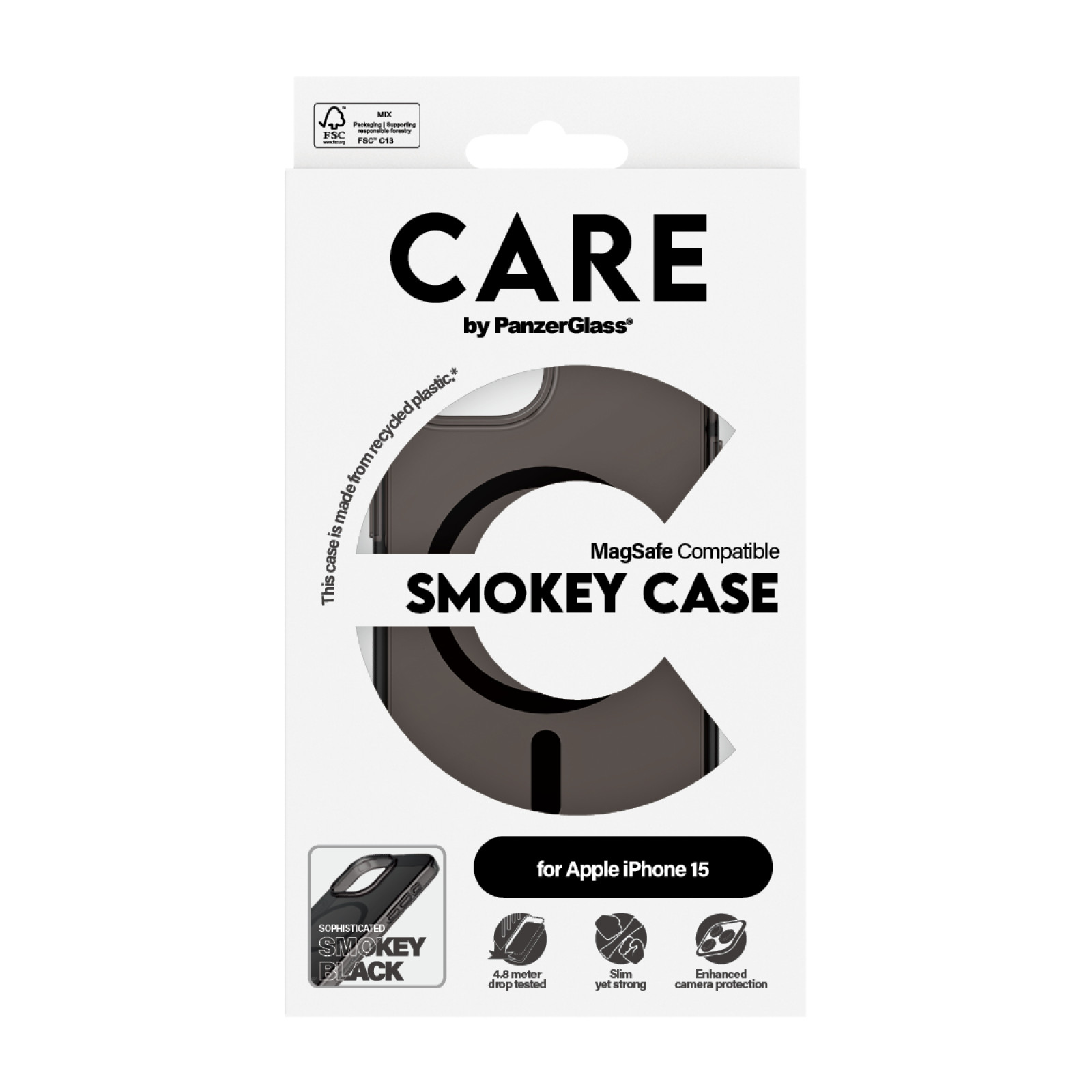 Гръб CARE by PanzerGlass за iPhone 15, Flagship, Smokey, Urban Combat, Black MagSafe