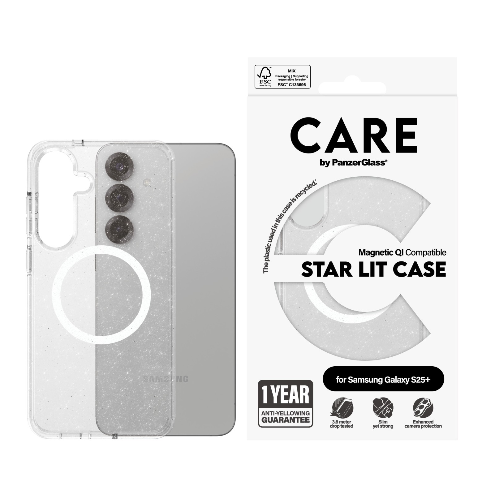 Гръб Care by PanzerGlass за Samsung Galaxy S25 Plus, Flagship Case, Urban Combat, Star Lit, QI Compatible, Блестящ - Калъфи за Samsung Galaxy S25+ | Phoneplay.bg