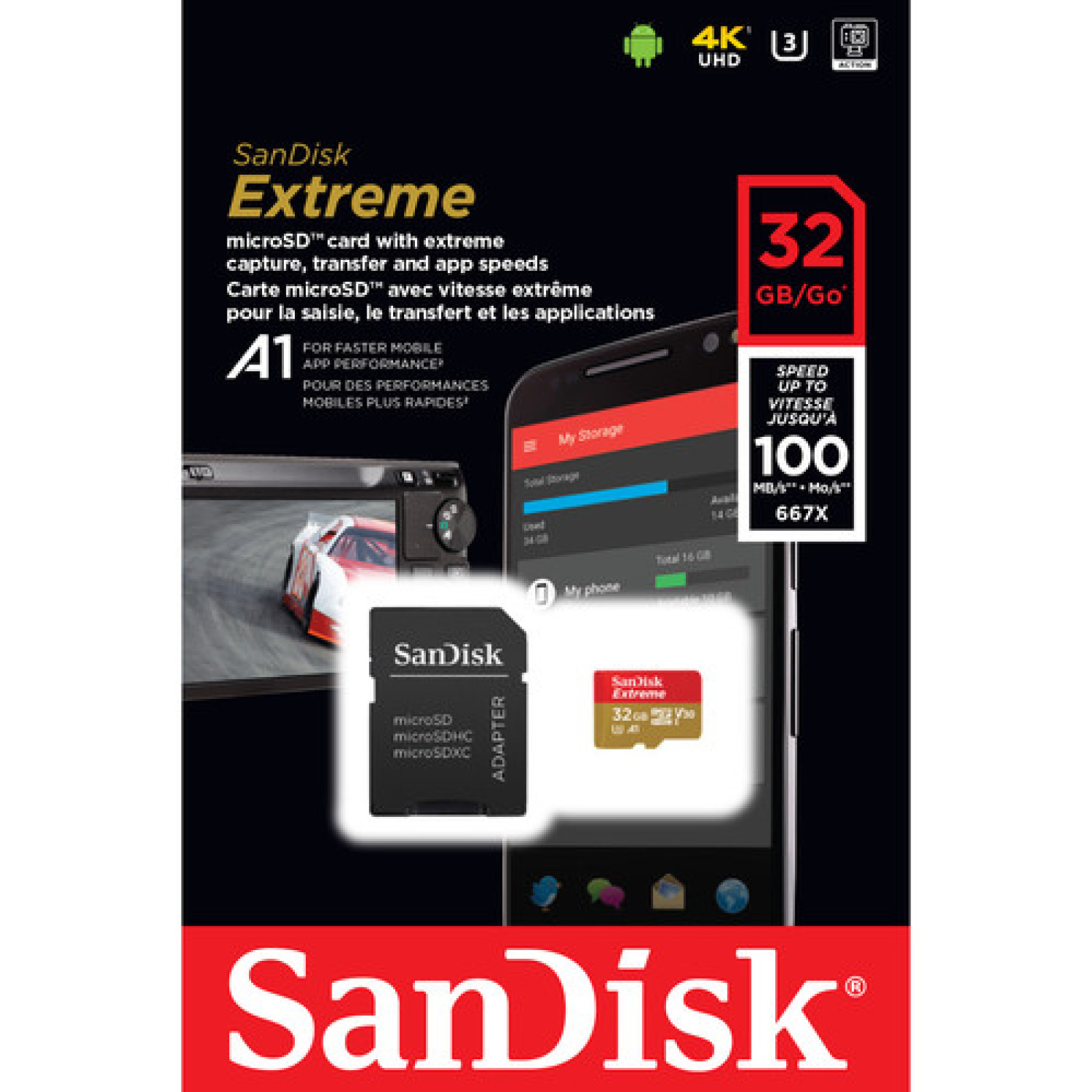 Мемори карта  SanDisk Extreme microSDHC 32GB + SD Adapter + RescuePRO Deluxe 100MB/s A1 C10 V30 UHS-I U3