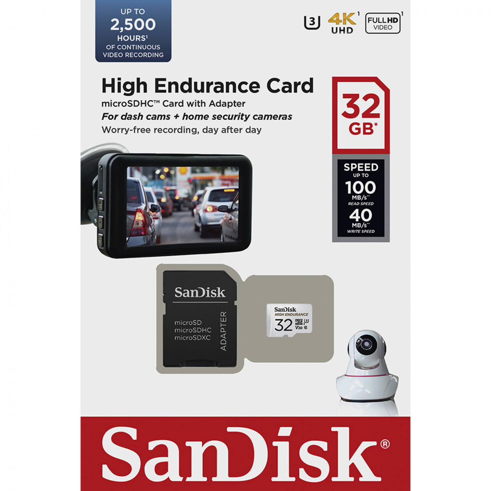 Мемори карта SanDisk High Endurance microSDHC 32GB + SD Adapter - for dash cams and home monitoring, up to 2,500 Hours, Full HD / 4K videos, up to 100/40 MB/s Read/Write speeds, C10, U3, V30