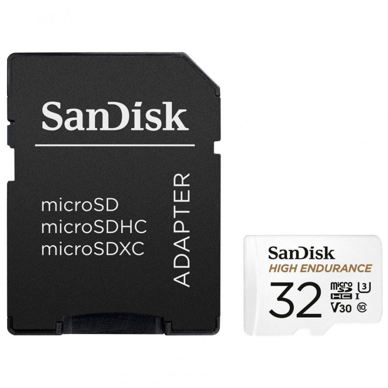 Мемори карта SanDisk High Endurance microSDHC 32GB + SD Adapter - for dash cams and home monitoring, up to 2,500 Hours, Full HD / 4K videos, up to 100/40 MB/s Read/Write speeds, C10, U3, V30